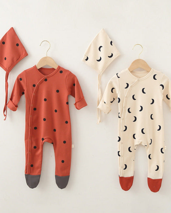 Moon Dot Cotton Foot-covering Baby Jumpsuits with Hat