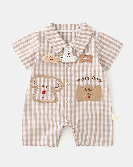 Toast Pattern Plaid Short Sleeve Baby Jumpsuits