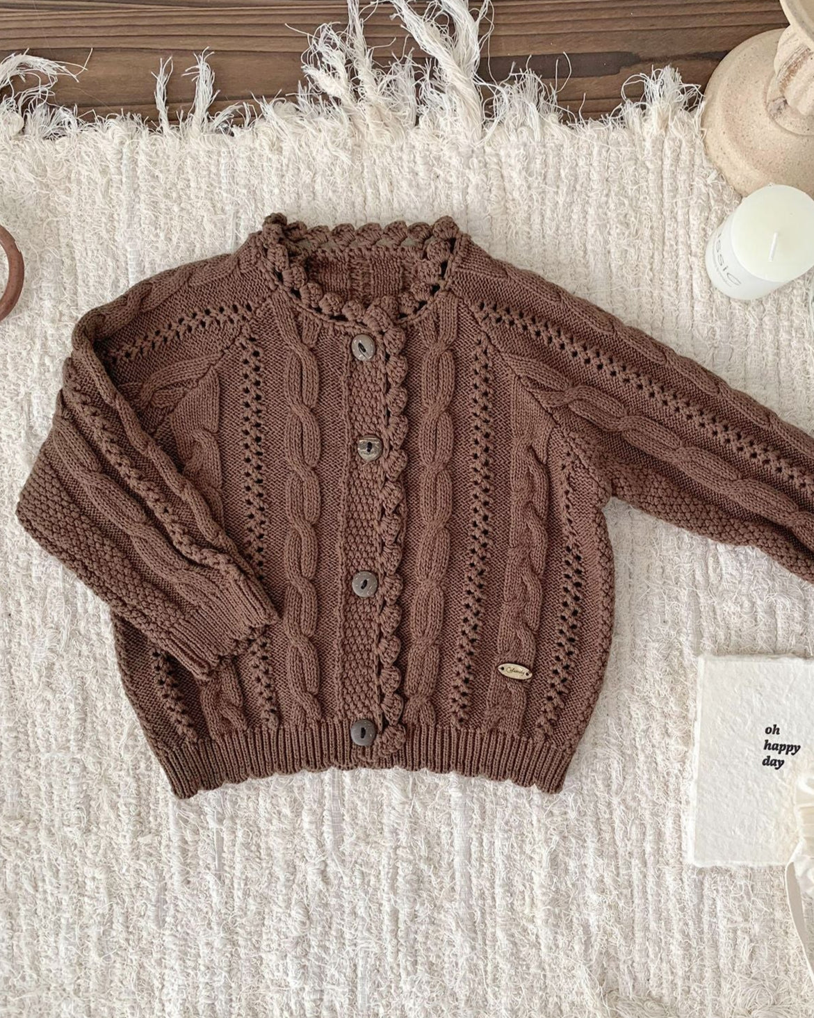 Solid Color Cable-Knit Buttoned Baby Sweater Cardigan