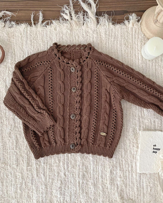 Solid Color Cable-Knit Buttoned Baby Sweater Cardigan