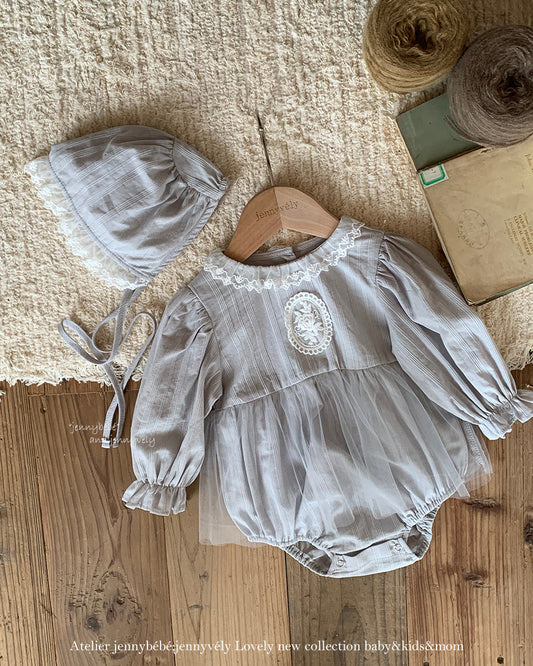 レースメッシュ装飾 長袖 ベビーガール ロンパース&帽子