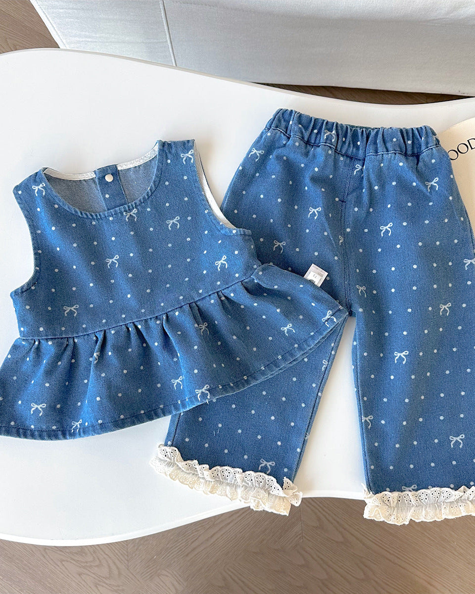 Sweet Denim Bow Dot Pattern 2pcs Set Bottoming Shirt