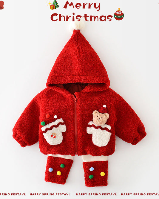 Christmas Dot Bear Fleece Baby Jacket/Pants