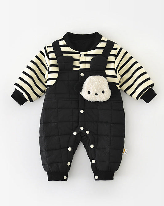 ストライプ柄の子犬柄フリースベビージャンプスーツ