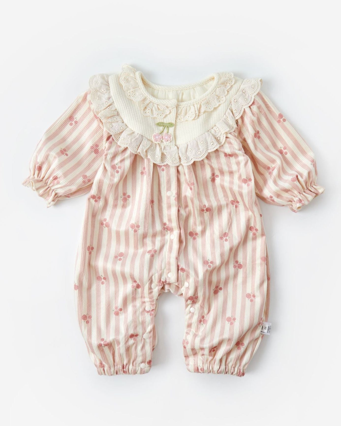 Striped Sweet Cherry Printed Lace Collar Baby Jumpsuits