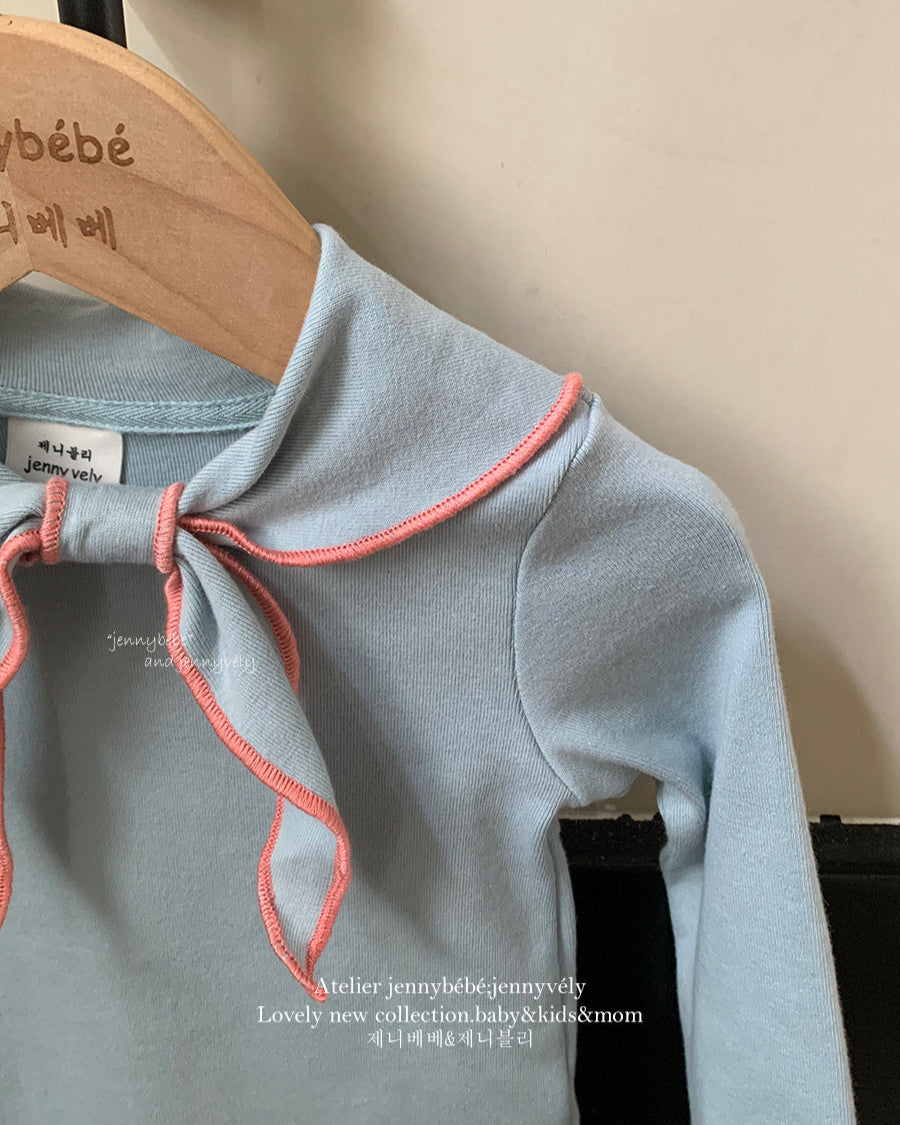 Knotted Bow Collar Cotton Long Sleeve Baby Top
