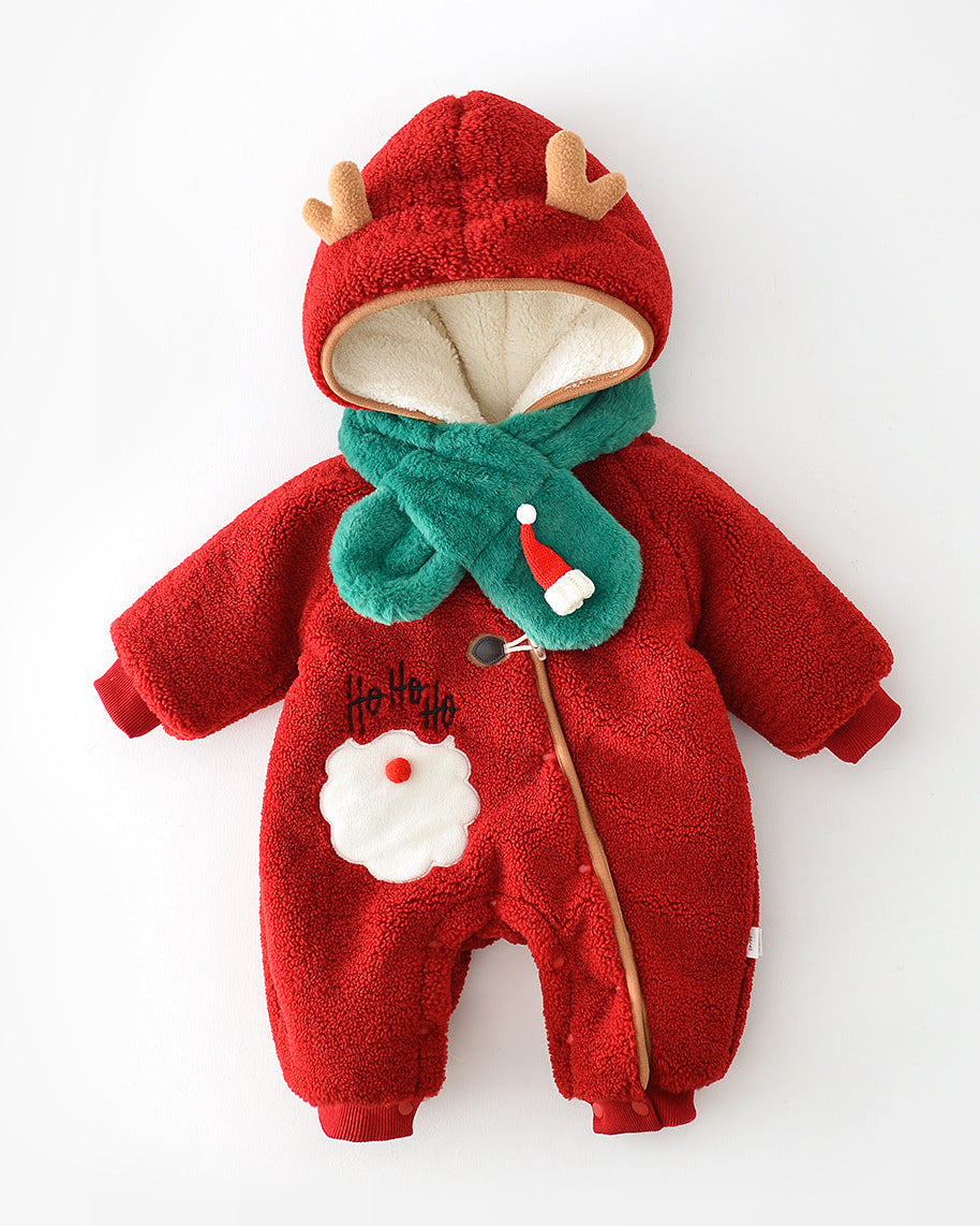 Christmas Fleece Hooded Baby Jumpsuits with Scarf