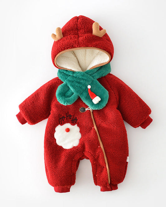 Christmas Fleece Hooded Baby Jumpsuits with Scarf