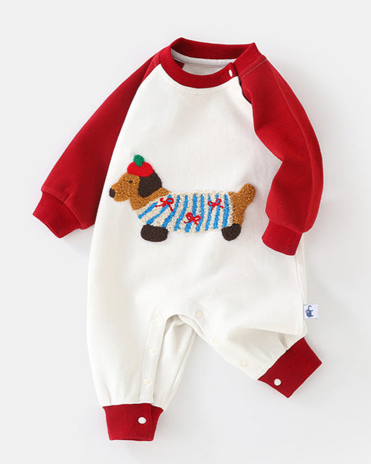 Dachshund Pattern Color Block Long Sleeve Baby Jumpsuits