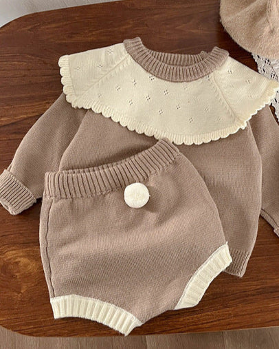 Lace Collar Knitted Baby Girl Sweater Short Pants 2pcs Set