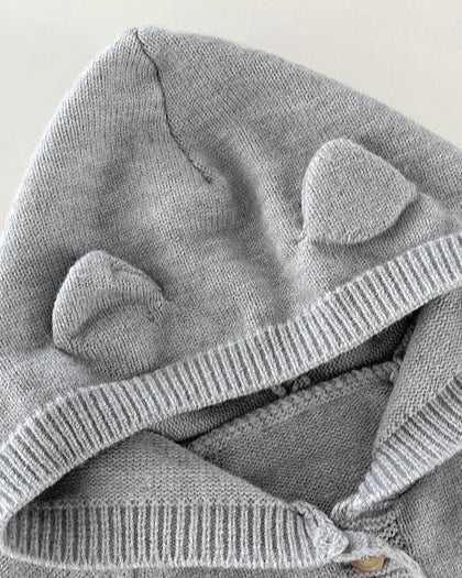 Solid Color Knitted Ear Baby Hooded Jumpsuits