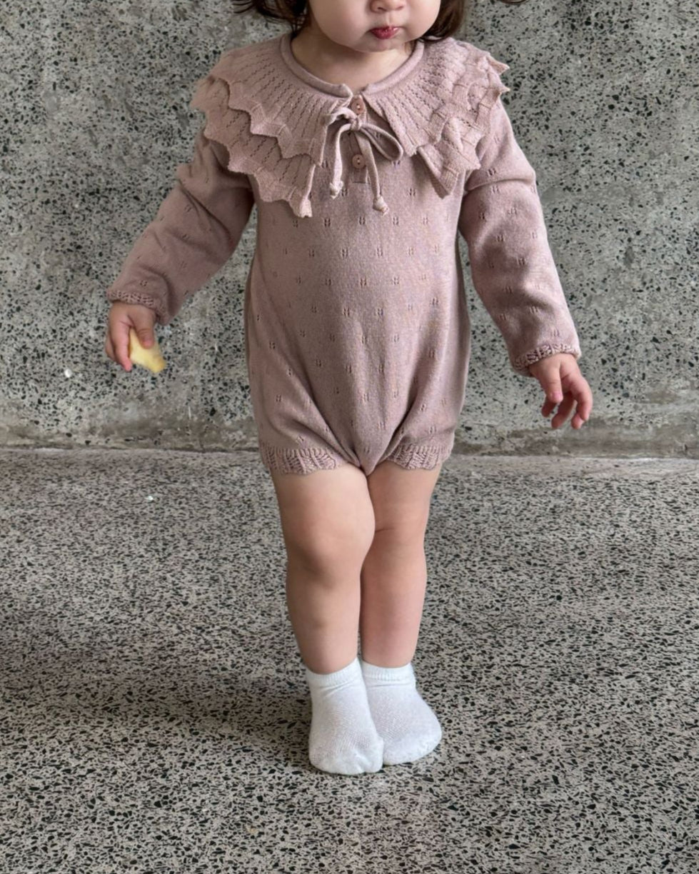 Lace-up Knitted Ruffled Collar Long Sleeve Baby Romper