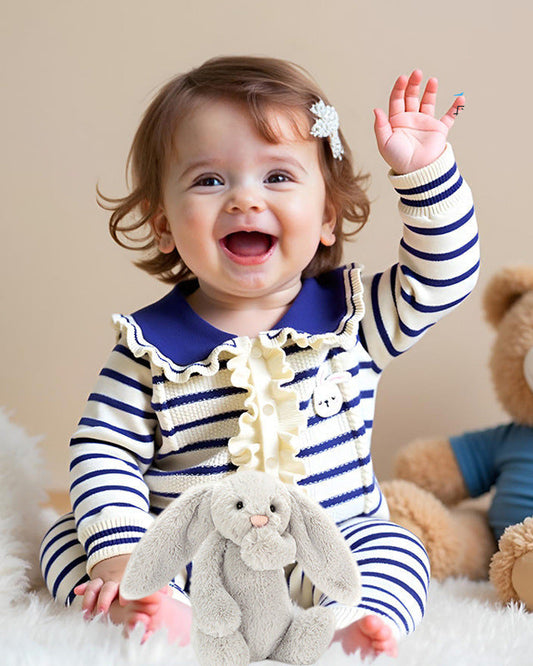 Rabbit Ruffled Striped Knitted Baby Jumpsuits