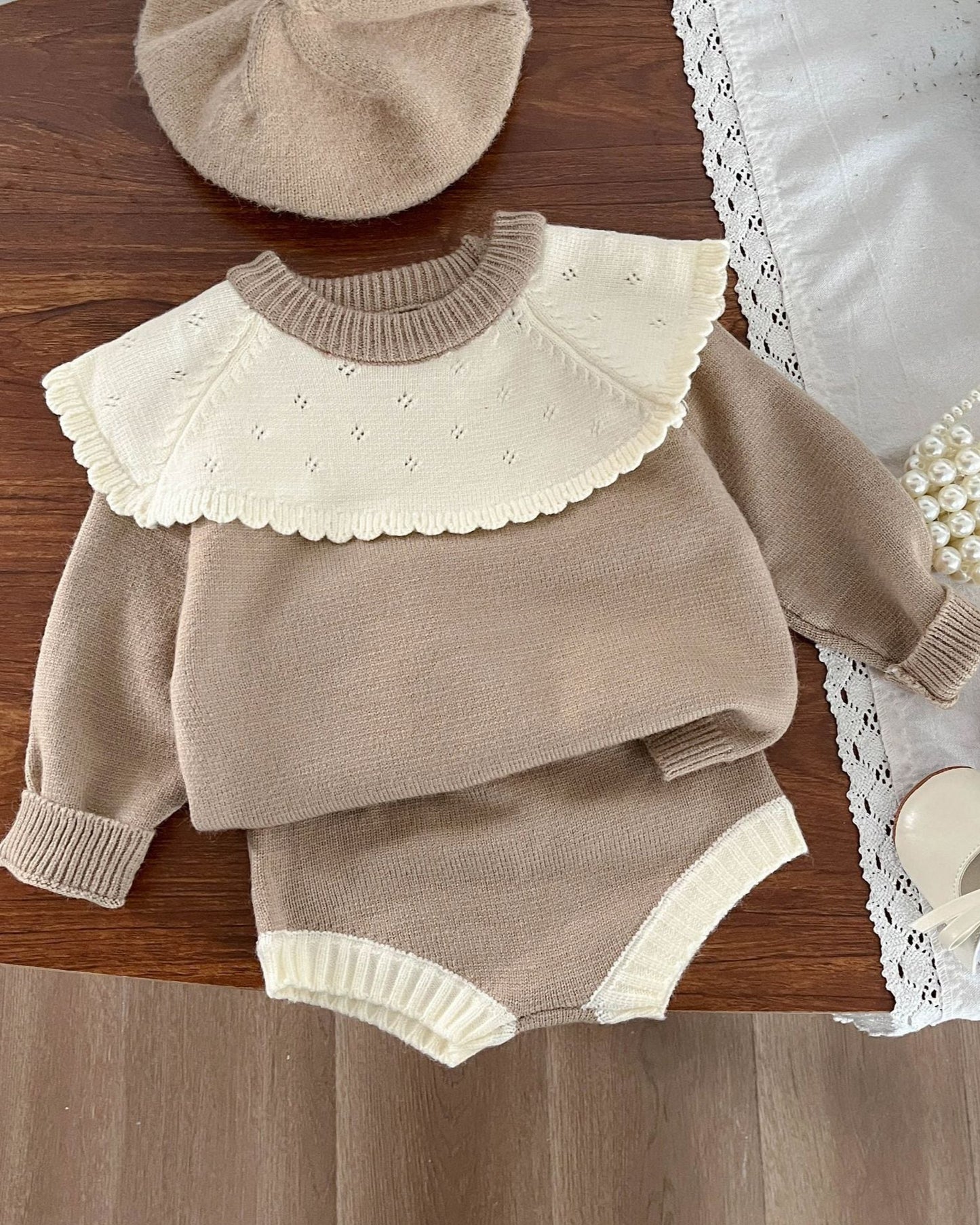 Lace Collar Knitted Baby Girl Sweater Short Pants 2pcs Set