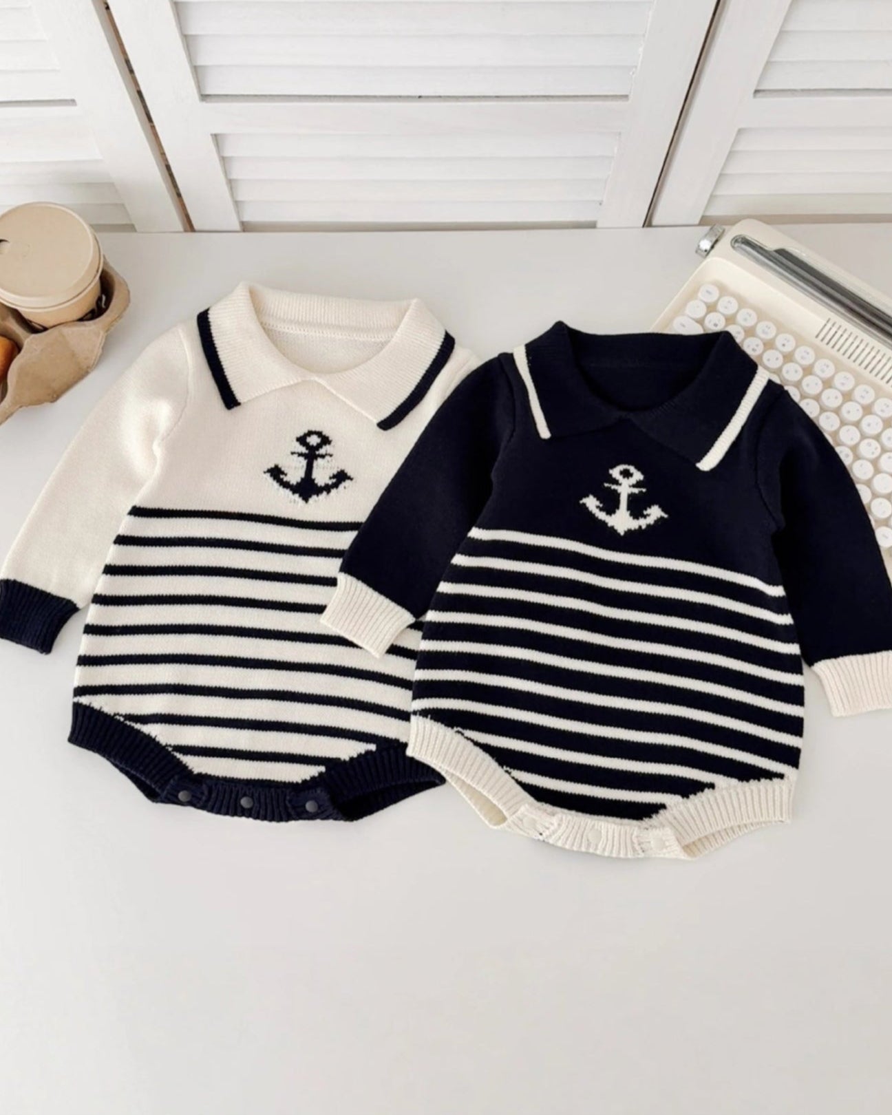 Striped Anchor Pattern Knitted Long Sleeve Baby Romper