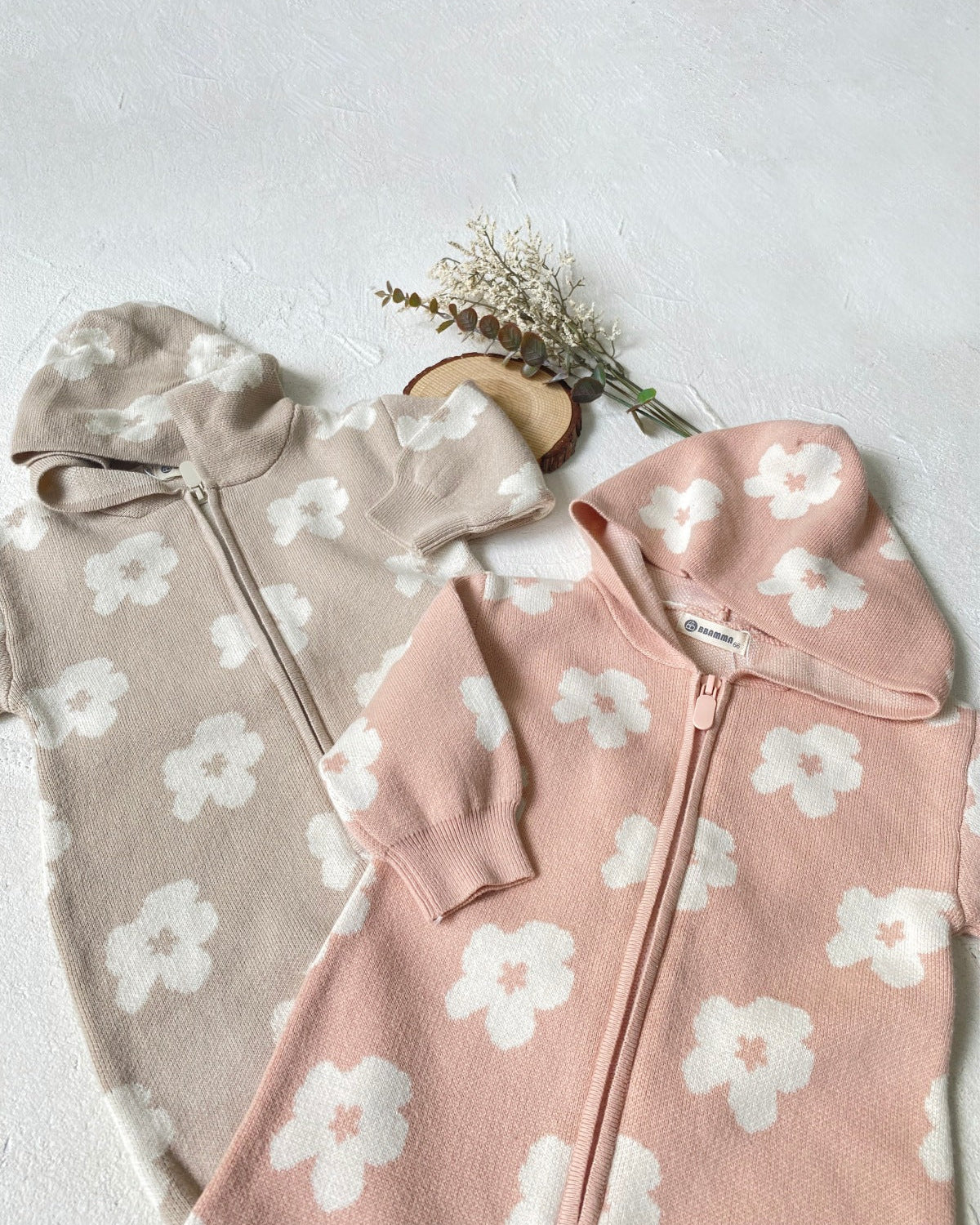 Flower Zipped Knitted Hooded Baby Jumpsuits