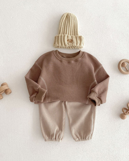 Casual Waffled Baby Sweatshirt Pants 2pcs Set