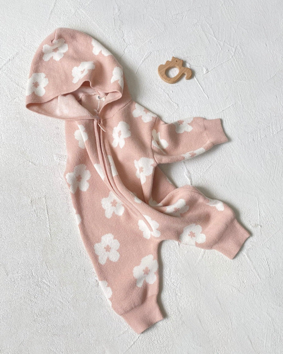 Flower Zipped Knitted Hooded Baby Jumpsuits