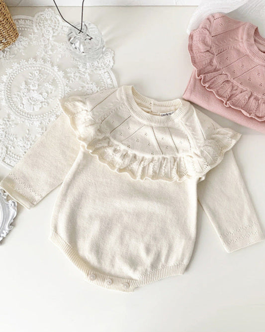 Sweet Ruffled Collar Long Sleeve Knitted Baby Romper