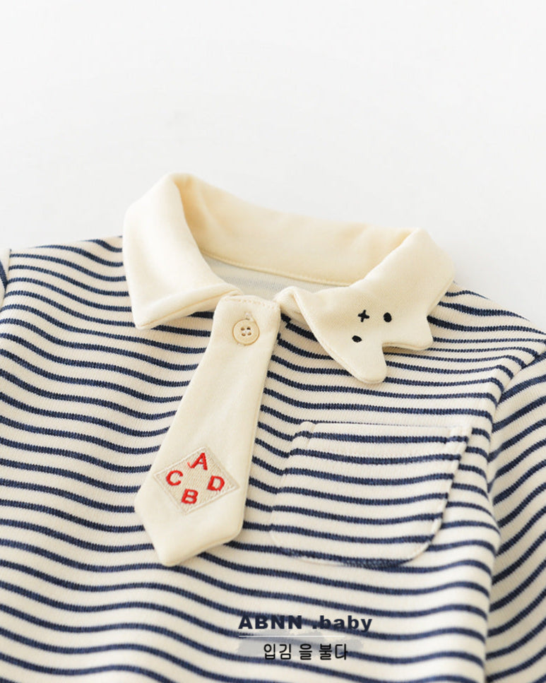 Striped Tie Bear Collar Long Sleeve Baby Jumpsuits