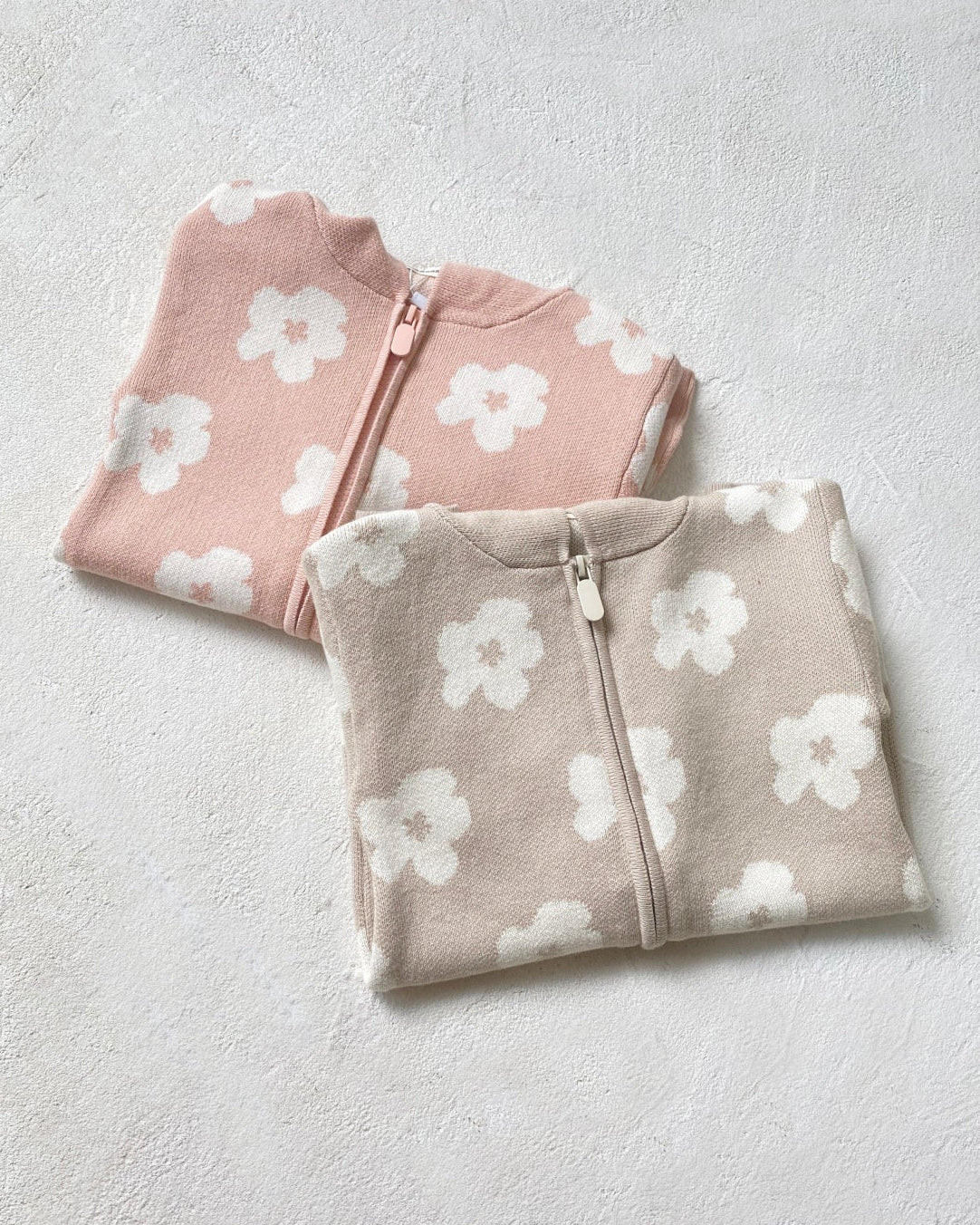 Flower Zipped Knitted Hooded Baby Jumpsuits