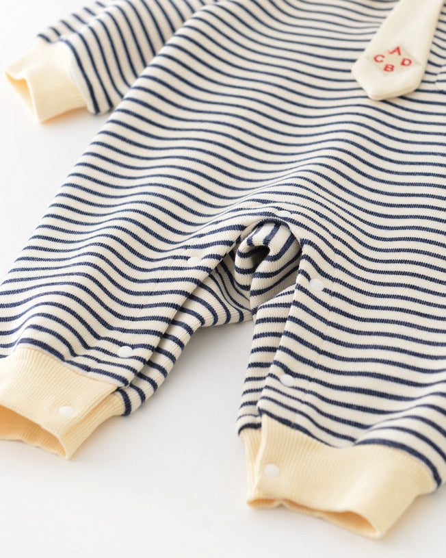 Striped Tie Bear Collar Long Sleeve Baby Jumpsuits