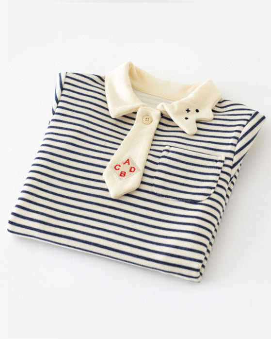 Striped Tie Bear Collar Long Sleeve Baby Jumpsuits