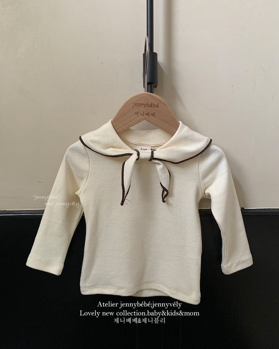 Knotted Bow Collar Cotton Long Sleeve Baby Top