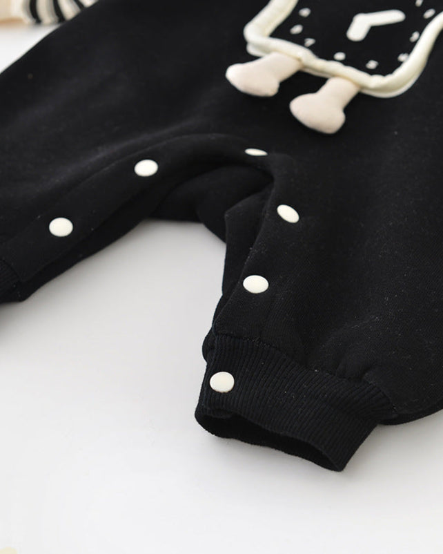 Clock Pattern Striped Fleece Baby Jumpsuits