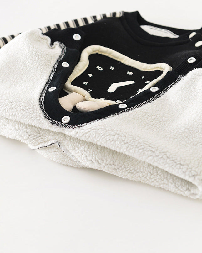 Clock Pattern Striped Fleece Baby Jumpsuits