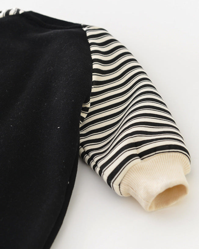 Clock Pattern Striped Fleece Baby Jumpsuits