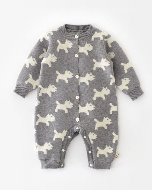 Puppy Pattern Knitted Buttoned Long Sleeve Baby Jumpsuits