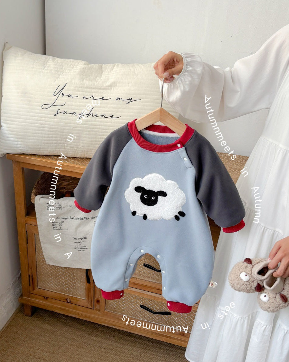 Cartoon Sheep Color Block Long Sleeve Baby Jumpsuits