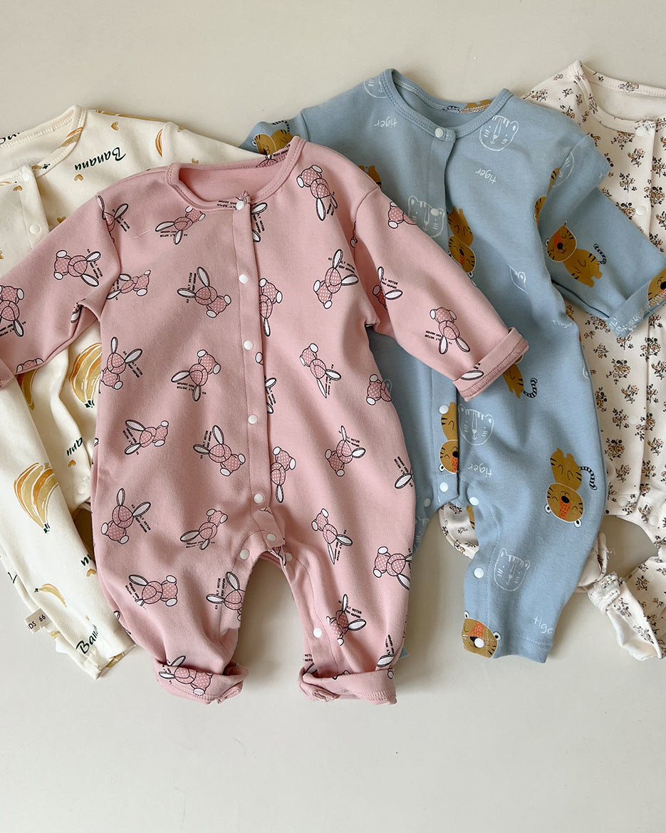 Floral Animal Printed Cotton Long Sleeve Baby Jumpsuits