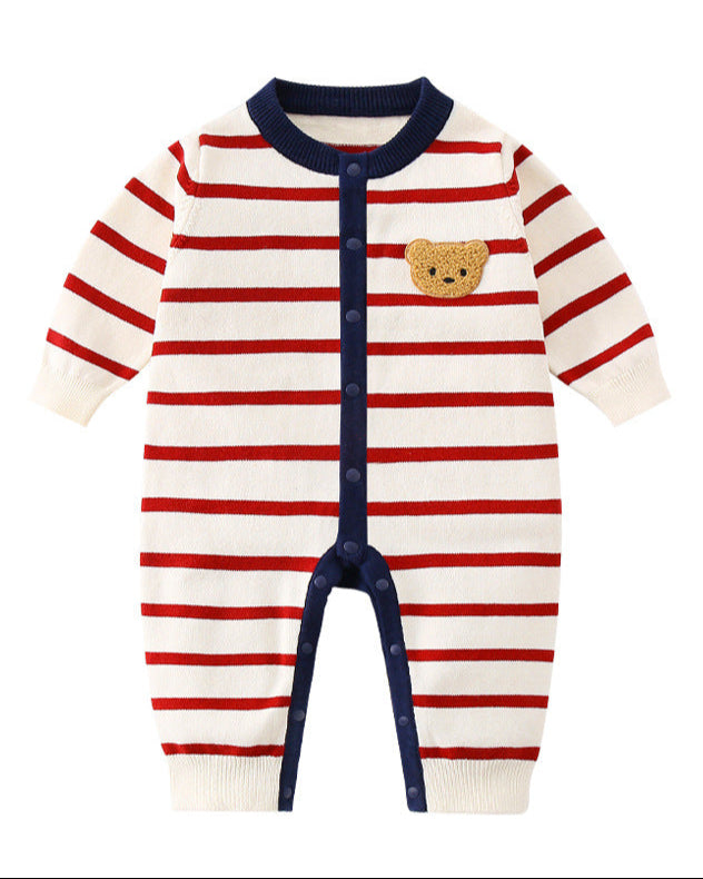 Bear Head Striped Long Sleeve Baby Jumpsuits Cardigan