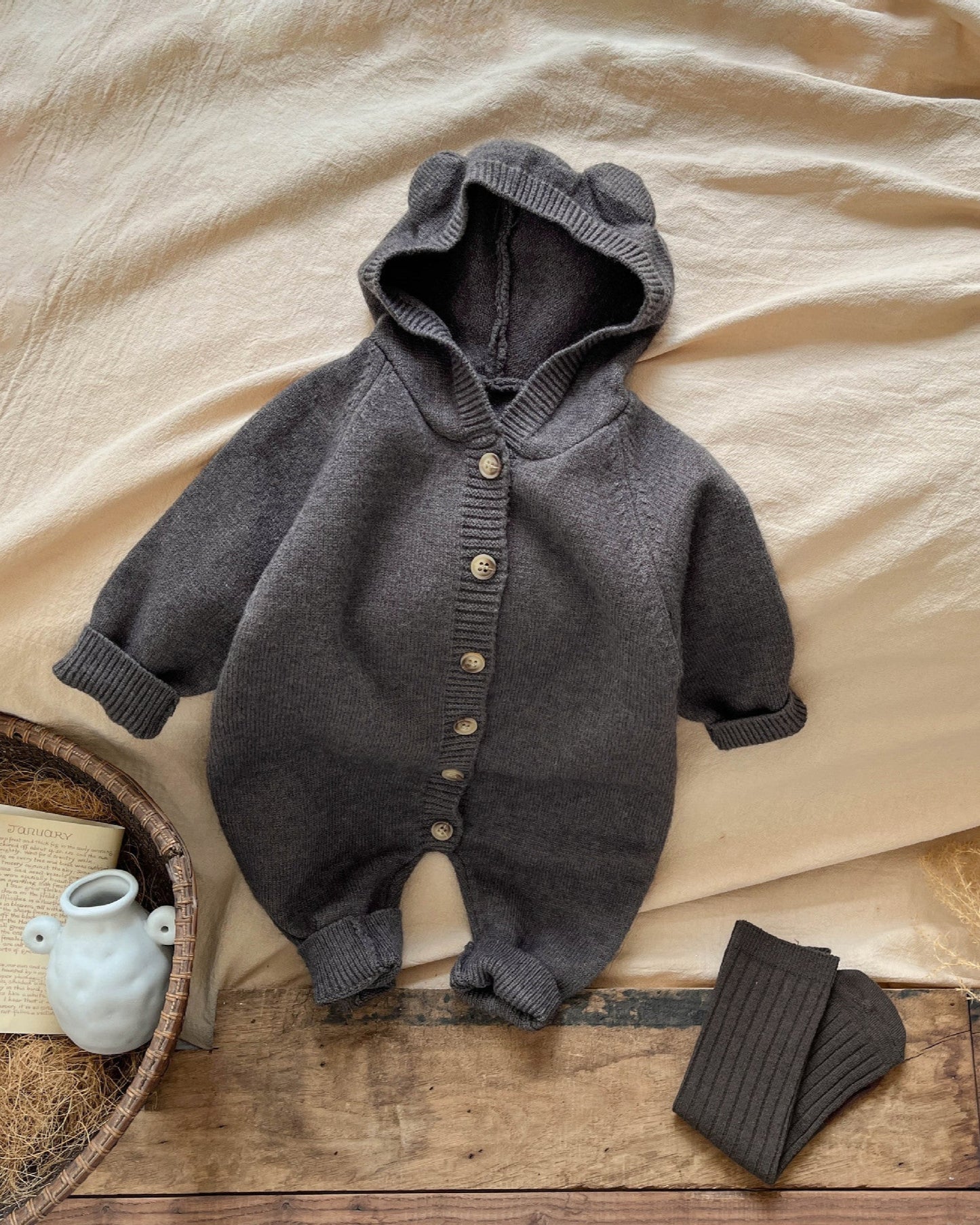 Solid Color Knitted Ear Baby Hooded Jumpsuits