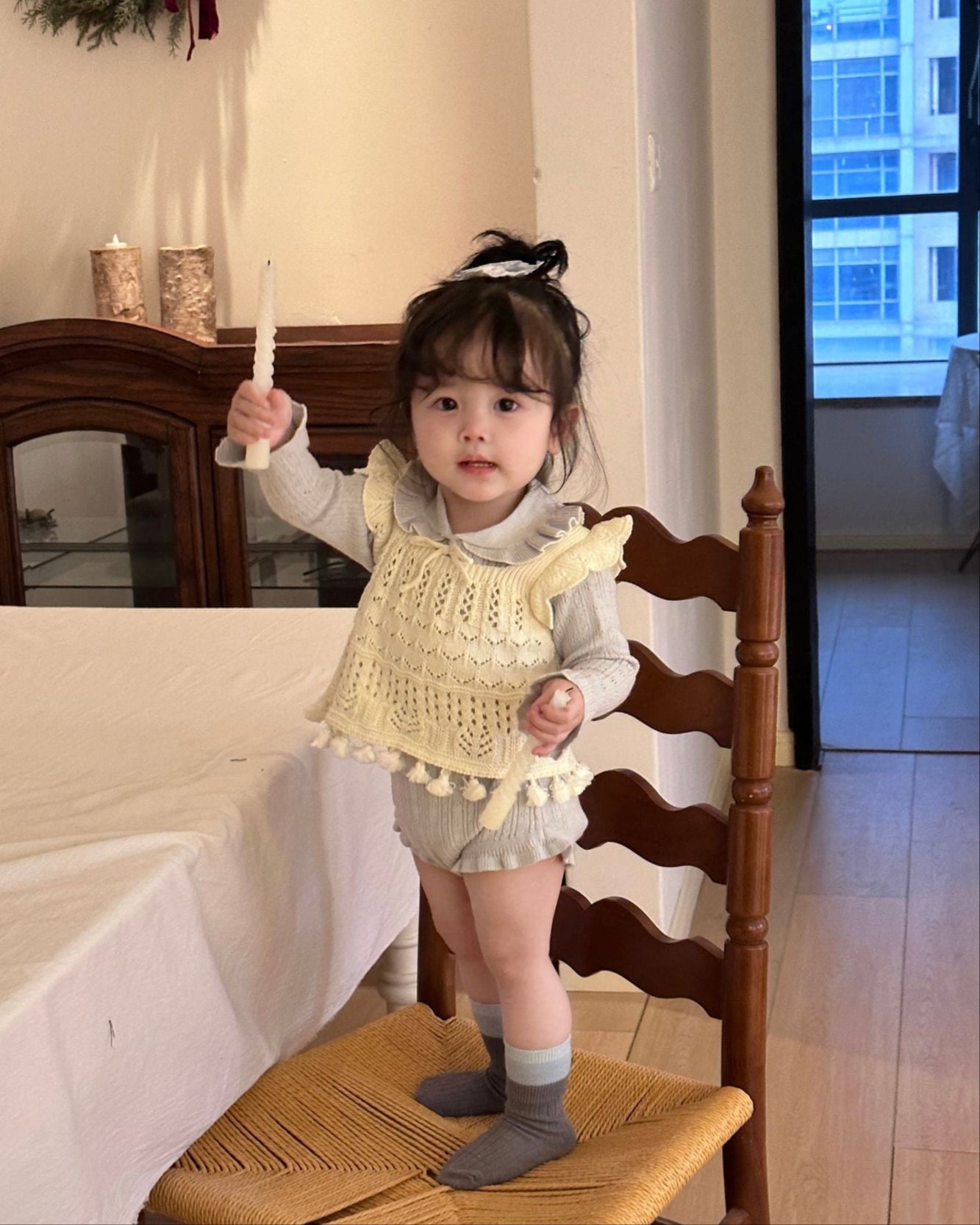 Sweet Ruffled Collar Solid Color Knitted Baby Romper