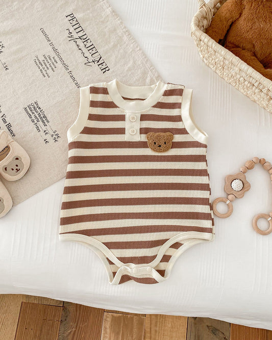 Striped Bear Head Sleeveless Baby Romper