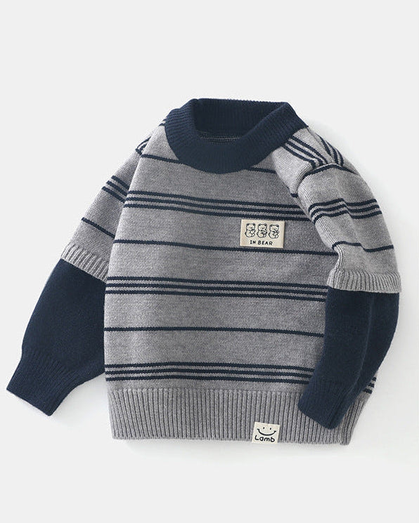 Casual Striped Bear Tag Knitted Baby Sweater