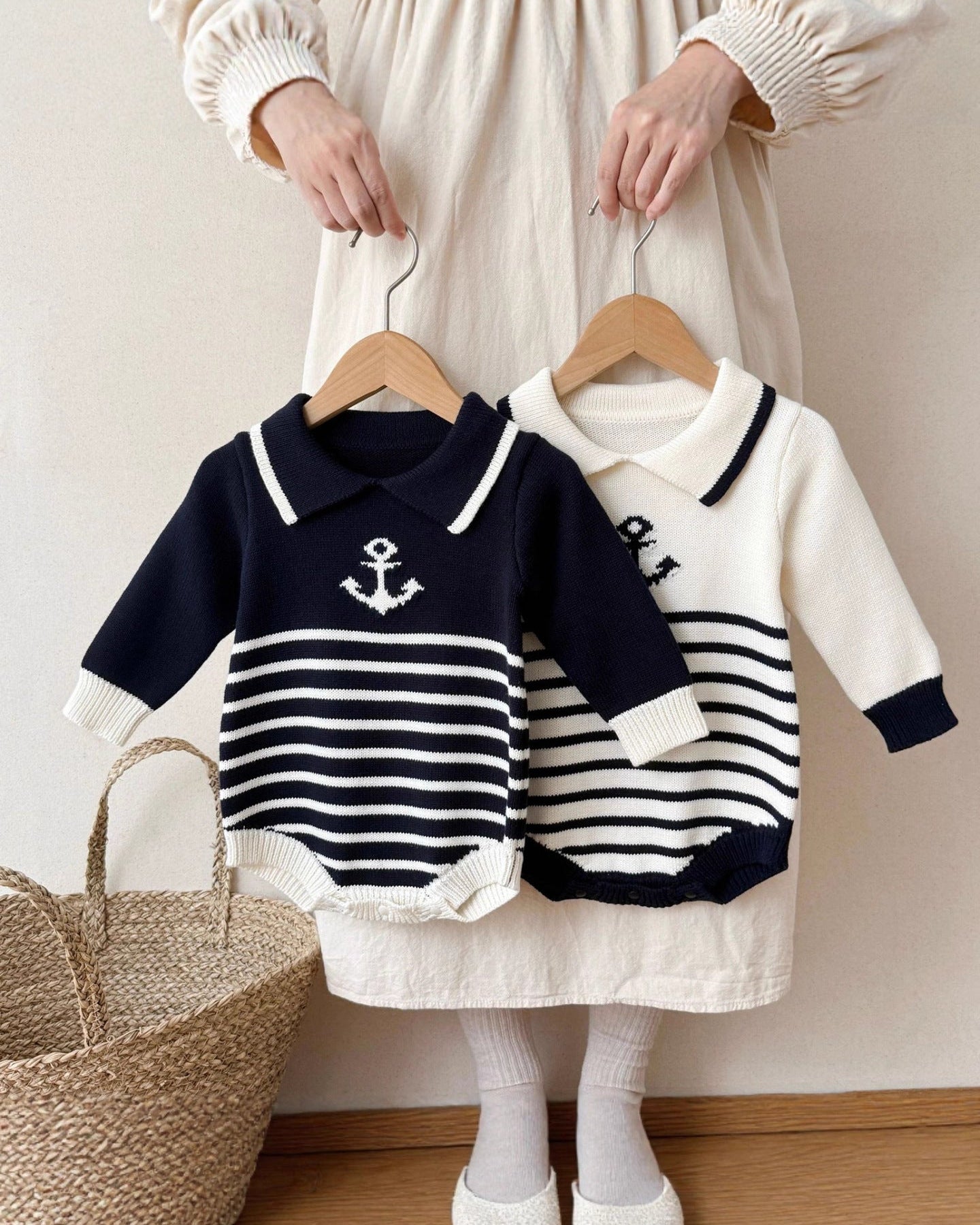 Striped Anchor Pattern Knitted Long Sleeve Baby Romper