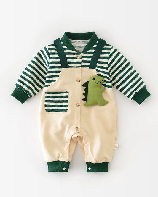 Dinosaur Pattern Striped Pocket Baby Jumpsuits