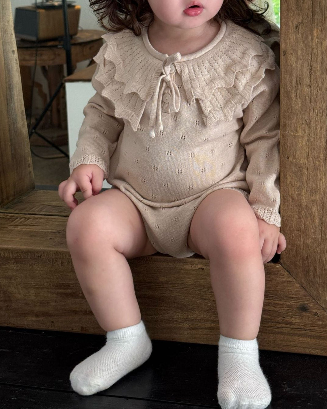 Lace-up Knitted Ruffled Collar Long Sleeve Baby Romper