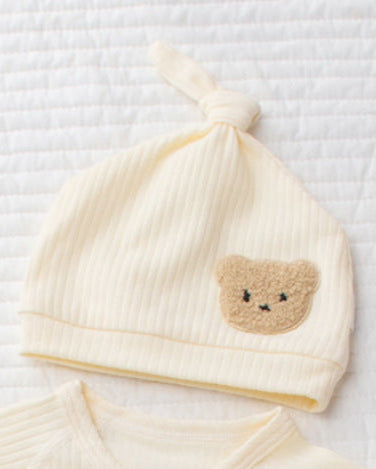 Bear Pattern Solid Color Cotton Long Sleeve Baby Jumpsuits Hat