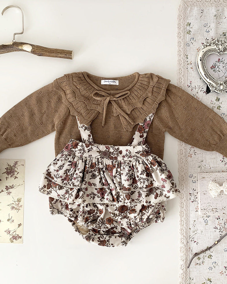 Sweet Lace-up Ruffled Collar Knitted Baby Sweater