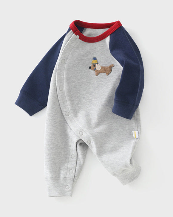 Casual Puppy Color Block Long Sleeve Baby Jumpsuits