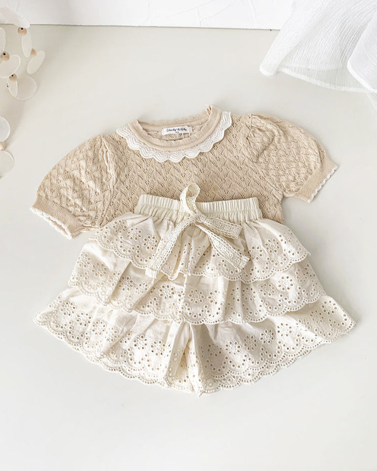 Sweet Breathable Knitted Short Sleeve Girl T-shirt
