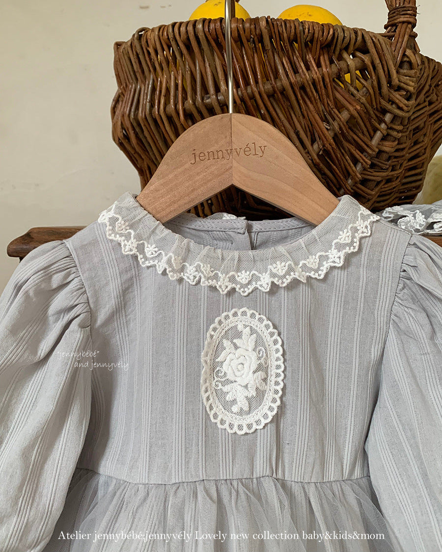 Lace Mesh Decor Long Sleeve Baby Girl Romper&Hat