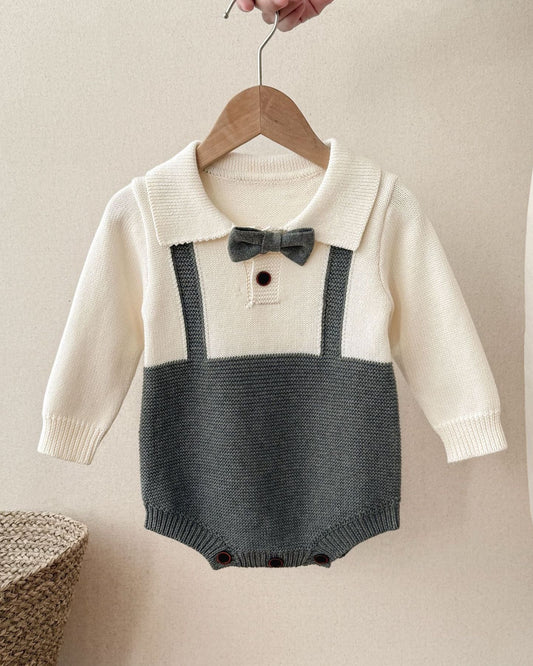 Tie Decor Long Sleeve Knitted Baby Romper