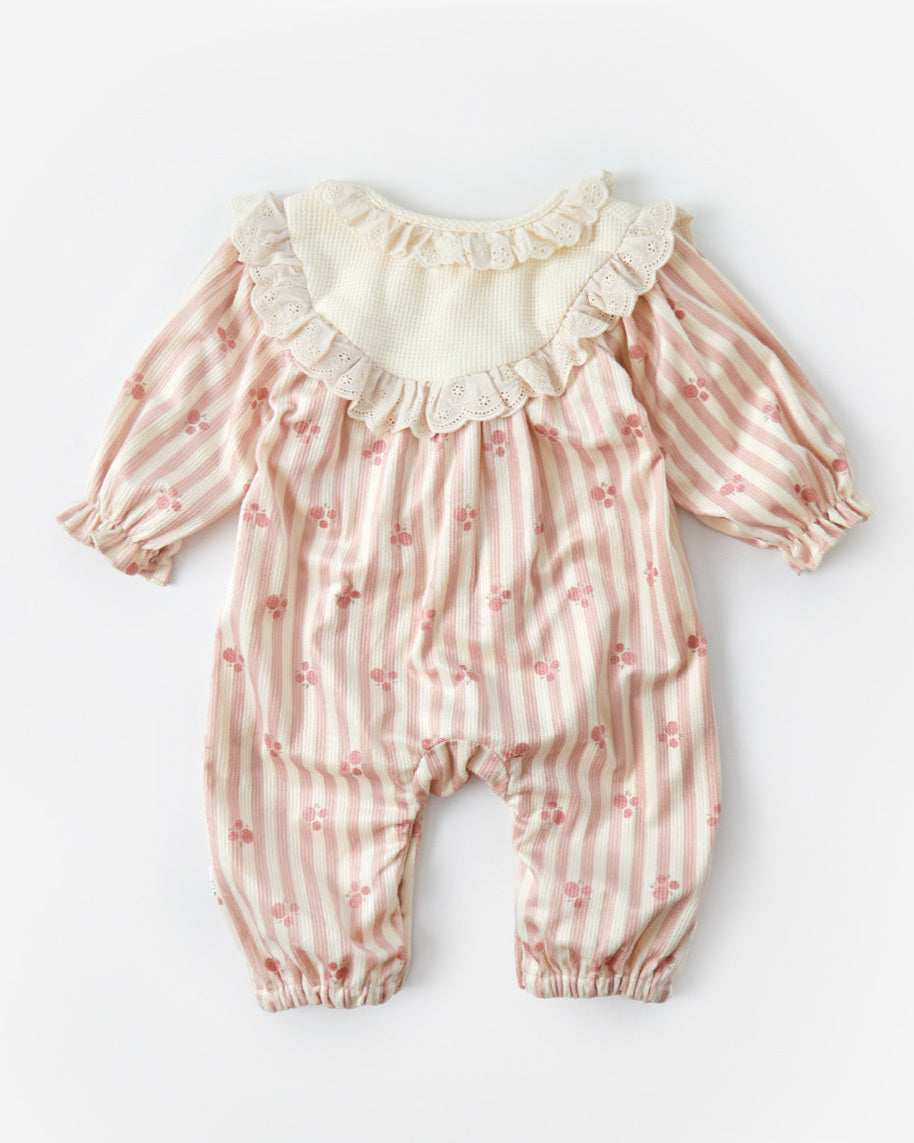 Striped Sweet Cherry Printed Lace Collar Baby Jumpsuits