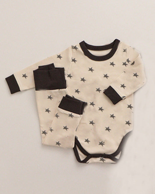 Star Moon Cotton Long Sleeve Baby Bodysuit Pants Hat